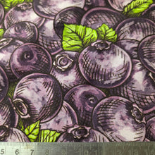 Load image into Gallery viewer, Pattern of blueberries with green leaves on a white background, with a ruler at the bottom for scale.
